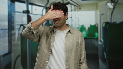 Hispanic man on a bus covering eyes indoors, conveying contemplation in a public vehicle setting, wearing casual shirt, emphasizing an urban transport environment.