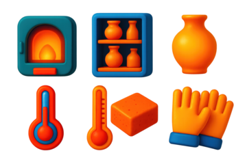Vibrant Kiln Icon Set. 3D icon set of firing process: kiln door, stacked shelves, glowing pottery, thermometer gauge, firebrick,