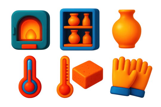 Vibrant Kiln Icon Set. 3D icon set of firing process: kiln door, stacked shelves, glowing pottery, thermometer gauge, firebrick,