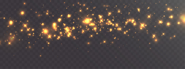 Golden magic dust trail with glowing sparks and shimmering particles on a transparent background. Perfect for festive designs, highlights, celebration effects, and decorative accents.
