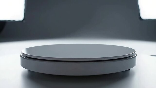 Minimalist empty round podium turning around for product presentation or showcase isolated on a grey backdrop with bright studio lights visible in the blurred background