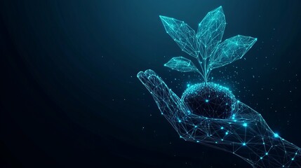 Futuristic digital hand gently nurturing a growing plant for a concept of sustainable growth, innovation, and environmental consciousness in technology