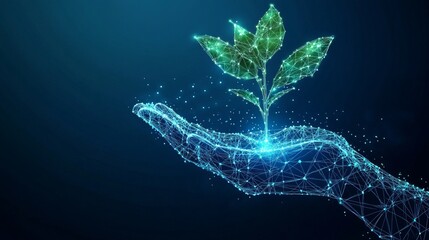 Digital hand gently nurturing new plant growth symbolizing sustainability innovation or eco friendly technology solutions for a greener world future