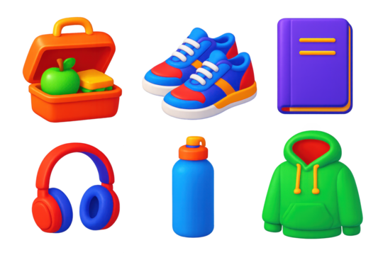 Student Life Essentials. 3D icon set of student life: lunchbox, sneakers, notebook, headphones, water bottle, hoodie. A set of