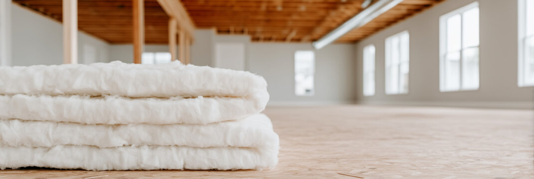 Close up of thermal insulation on wooden floor of house under construction. Building materials for home renovation and energy efficiency. Insulating attic for sustainable living