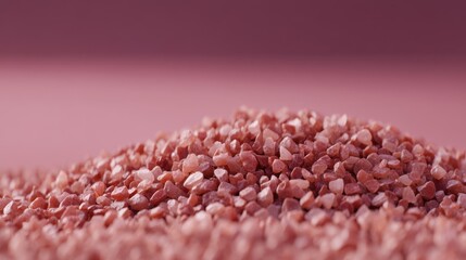 Naklejka premium Close-Up of Pink Himalayan Salt Crystals on a Soft Pink Background, Showcasing Texture and Color Variations of Natural Minerals in a Culinary Setting