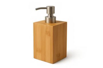 Bamboo soap dispenser with stainless steel pump for personal care, hygiene and bathroom decor on transparent background