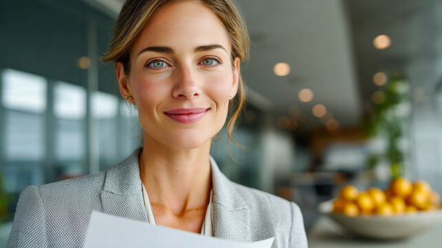 A confident business woman standing in an office setting, holding documents with a soft smile, conveying professionalism and competence. - Powered by Adobe