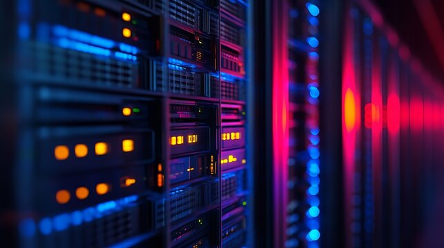 Powerful data center servers glowing with vibrant lights, perfect for technology and cybersecurity concepts, ensuring reliable digital infrastructure - Powered by Adobe