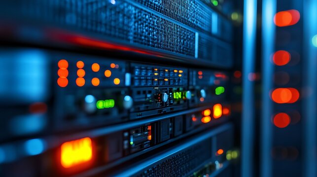Modern server room with glowing lights shows powerful data infrastructure for technology solutions and cloud computing applications, a secure IT network - Powered by Adobe