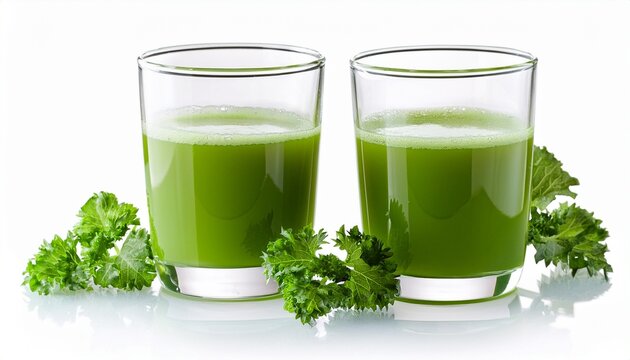 fresh green juice in two glasses isolated on white background