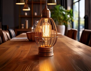 warm glow of a caged edison bulb illuminating a polished wooden dining table