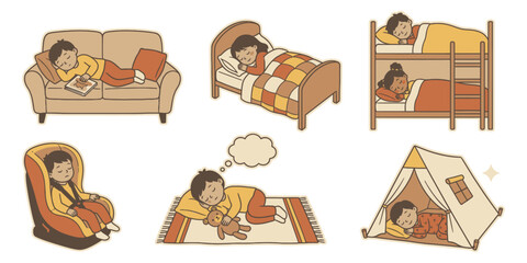 Sleeping kids.Cute bedtime illustration