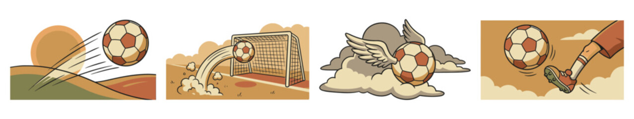 Soccer retro illustration set : goal, kick, and flying ball