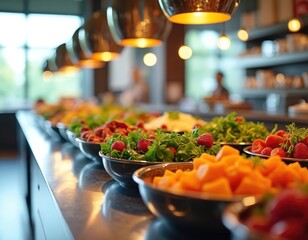 Line of food bowls holding fresh fruit and salads in buffet style. Healthy meal options displayed for self service in restaurant. Colorful food selection for a banquet.