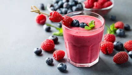 vibrant berry smoothie in glass with raspberry and blueberry skewer garnish