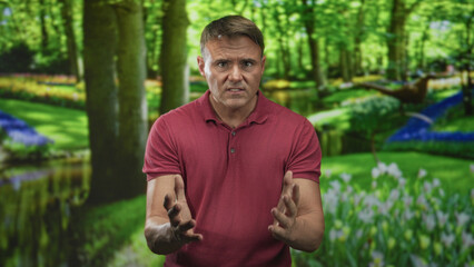 Man in red polo stands center frame and holds hands out, palms forward toward camera in studio set with forest backdrop and flowerbeds visible; concern.