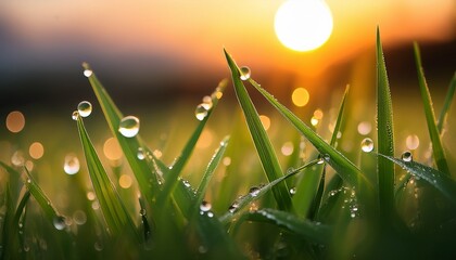 close up of dewdrops on a green blade of grass capturing nature s beauty in the early morning light