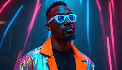 Man wearing sunglasses and shiny jacket poses against neon lights background. He looks stylish in dark setting with vibrant colors. Modern urban guy enjoys nightlife.