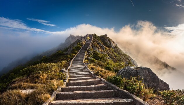 winding stone stairway ascending a misty mountain peak surrounded by clouds