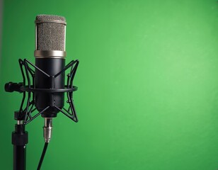 Pro studio microphone on shock mount against green screen background. Ready for audio recording, podcasting, or voiceovers. Versatile for content creation.