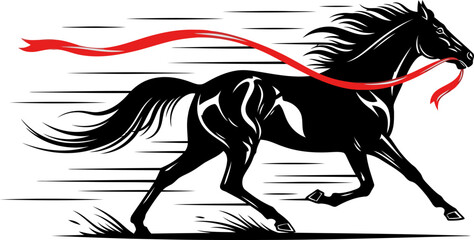 A dynamic black horse races forward with a red ribbon, conveying ?Good News Comes.? Bold, energetic, and visually striking. Perfect for motivational and positive themes.