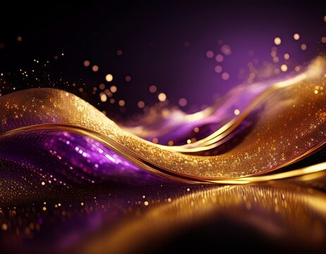 a mesmerizing wave of golden and purple glitter particles in a dynamic flow - Powered by Adobe