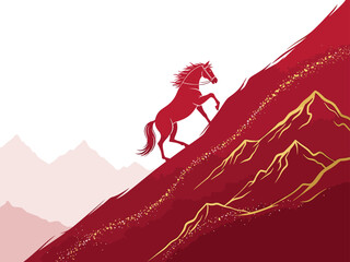 A majestic horse climbs a vibrant mountain, symbolizing wealth and ambition. Bold red and gold hues create a striking, motivational image for business and finance themes.
