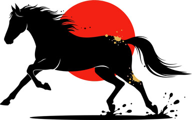powerful black horse gallops across a vibrant red sun symbolizing victory The phrase 'Victory is Silent' is prominently displayed Dynamic striking imagery suitable for various commercial applications