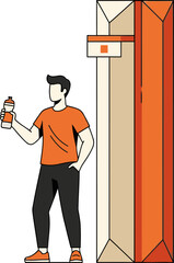 A man fuels his day with a drink, standing beside a vibrant orange energy station. Modern illustration, energetic and motivational. Perfect for health & wellness campaigns.