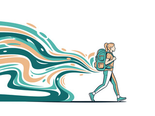 A woman hikes confidently, leaving a trail of swirling color.  She wears a backpack and hiking boots, embracing her independent journey.  Motivational and vibrant.