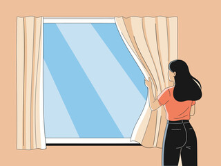 A woman opens curtains to greet a rising sun. A serene scene of a new day beginning. Soft light and a hopeful mood.