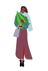 Postcard African-American girl with darck hair  in a jacket, skirt and red gloves is holding a Christmas tree, a gift. Festive modern poster for the New Year holidays. Vector on a white background


