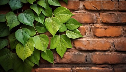 vibrant green leaves contrast with weathered brick wall in a close up composition