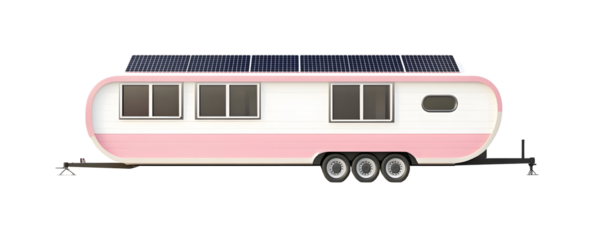 rendering 3D of modern pink and white trailer house with solar panel technology isolated on white background with clipping path