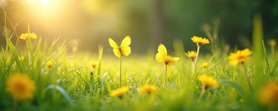 Fototapeta Yellow butterflies perch on flowers in meadow at golden hour. Green grass, flowers, butterflies show spring bloom. Nature photo evokes hope, happiness, renewal. Backdrop suits eco campaigns, seasonal