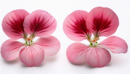pink geranium blooms two delicate pink geranium flowers in full bloom isolated on white background the petals are soft and velvety with a subtle hint of pink and white