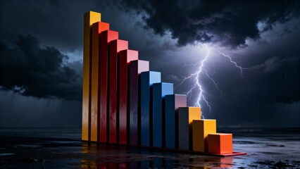 3D bar chart illustrating severe downward trend below stormy dark sky with thunder clouds and lightning, symbolizing economic recession, financial crisis, stock market crash, instability, volatility