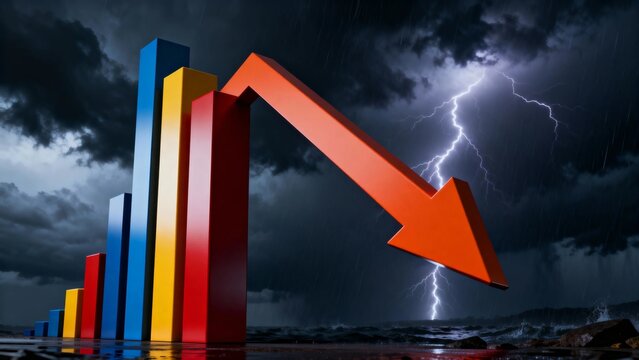 Dramatic 3D bar chart with thunderstorm sky highlighting strong downward trend symbolizing economic recession, financial collapse, stock market decline, volatility, instability global challenges, risk