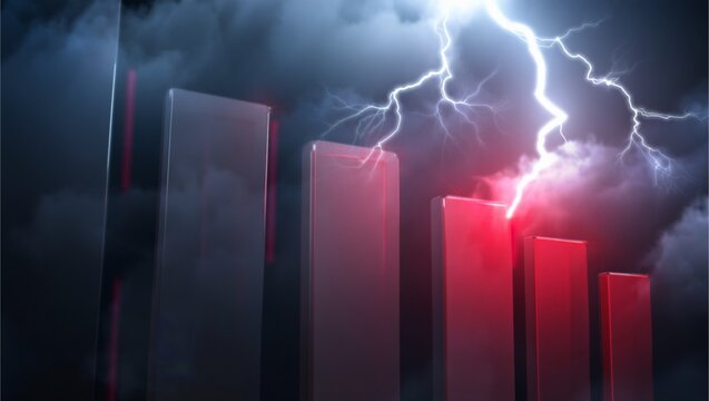 Dramatic 3D bar chart showing steep downward trend under dark stormy clouds and thunderstorm sky, symbolizing economic recession, financial crisis, market decline, volatility, instability global risks