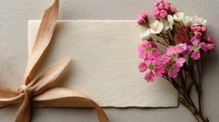 Elegant stationery with ribbon and delicate pink and white flowers on soft textured background for invitations, greeting cards, or personal notes