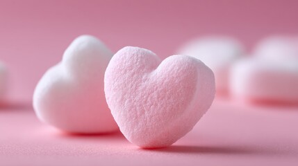 Soft Pink Heart Shaped Marshmallows on Light Pink Background Perfect for Valentine’s Day or Sweet Treat Desires in a Tender and Romantic Setting