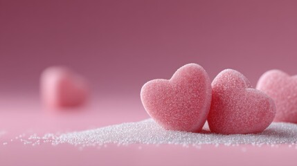 Obraz premium Sweet and Sugary Pink Heart-Shaped Candies on a Soft Pink Background with Sugar Crystals Creating a Romantic Atmosphere for Valentine’s Day Celebrations