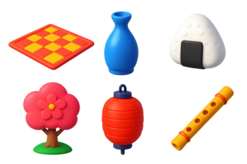 Hanami Festival Icons. 3D icon set of hanami festival: picnic blanket, sake bottle, rice ball, cherry blossom tree, paper lantern,