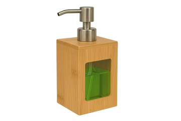 Obraz premium Bamboo pump dispenser with green liquid soap for bathroom hygiene and hand washing, transparent background