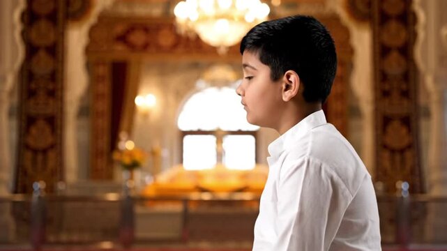 Young boy praying in traditional temple, reflecting devotion and spirituality