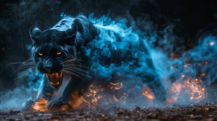 A fierce black panther emerges from a storm of blue and orange flames, its glowing eyes and open jaws conveying raw power and intensity in a dramatic, fantastical scene.