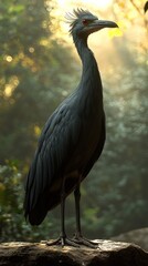 Fototapeta premium A majestic heron stands on a rock in a sunlit forest, its dark feathers glowing in the golden light.