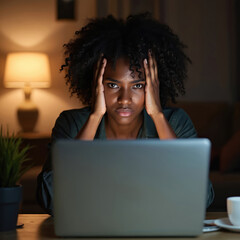 Young black woman feels stressed working late on laptop at home. Frustrated person with hands on head, tired from online tasks and internet browsing. Overwhelmed with job.