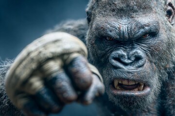 Fototapeta premium A fierce close-up of a gorilla with intense expression and clenched fist, conveying raw power and aggression in a dramatic, high-detail portrait.
